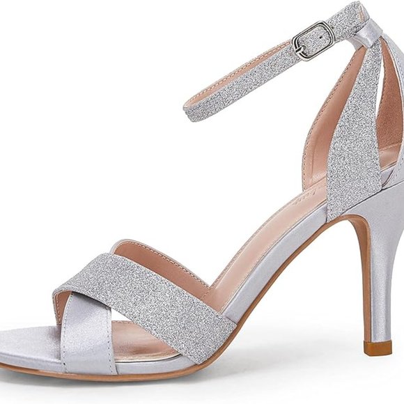 Womens Glitter Strap Ankle Buckle Cut Out Back Heels - Picture 1 of 3